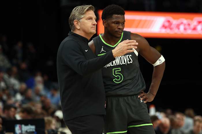 Nov 26, 2023; Memphis, Tennessee, USA; Minnesota Timberwolves head coach Chris Finch talks with Minnesota Timberwolves guard Anthony Edwards (5) during the first half against the Memphis Grizzlies at FedExForum.